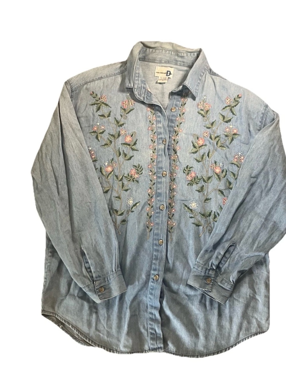 Vintage-Inspired Embroidered Chambray Blouse - Light Blue
